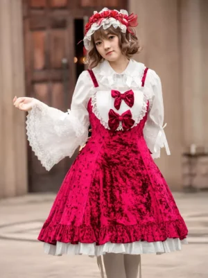 Wine red sweet lolita JSK jumper dress with velour fabric double chest bows and white ruffled hem front view full body shot