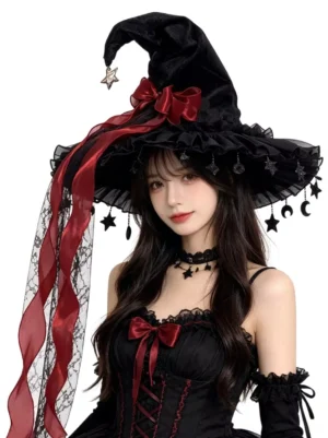 Lolita headdress gothic witch hat front view black velour red satin bow star moon pendant veil on dark-haired model