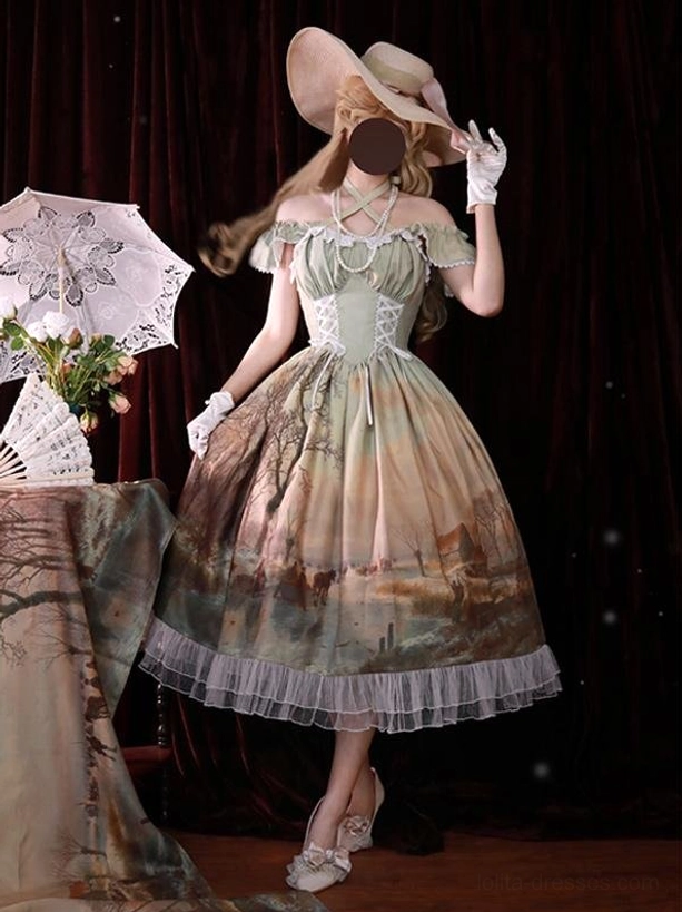 Yellow chiffon classic lolita dress with landscape floral print and ruffled hem, sleeveless jumper style, back three-quarter view with wide-brim hat and lace parasol accessory