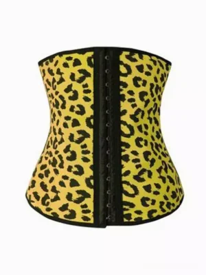 Yellow leopard print underbust corset with black edge trim and multi-row front hook closure, flat lay front view on white background, lolita fashion waist cincher