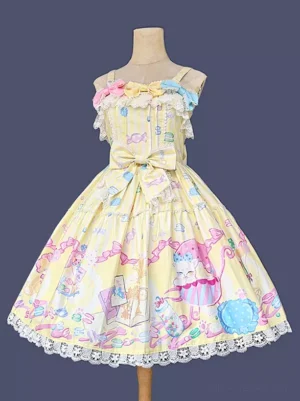 Yellow sweet lolita dress front display ruffled neckline large waist bow detail on mannequin
