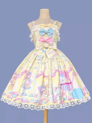 Yellow sweet lolita sleeveless jumper dress front view on mannequin featuring pastel triple bows cartoon dessert print lace hem trim